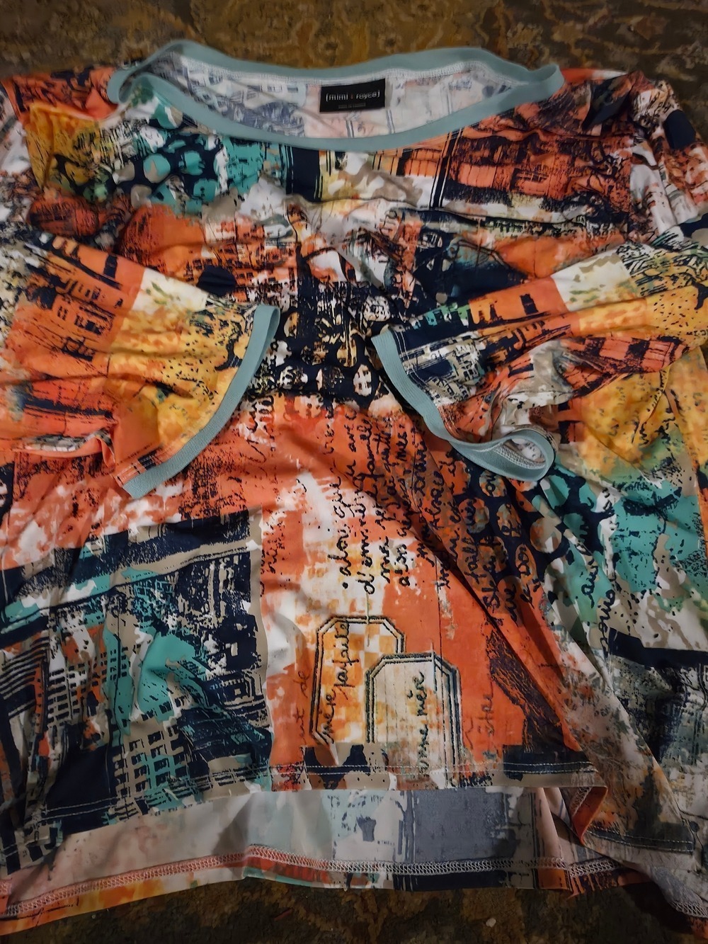 4/$25 Deal Mimi + Royce Orange Multi-Print Long Sleeve Tee with Soft Green Trim